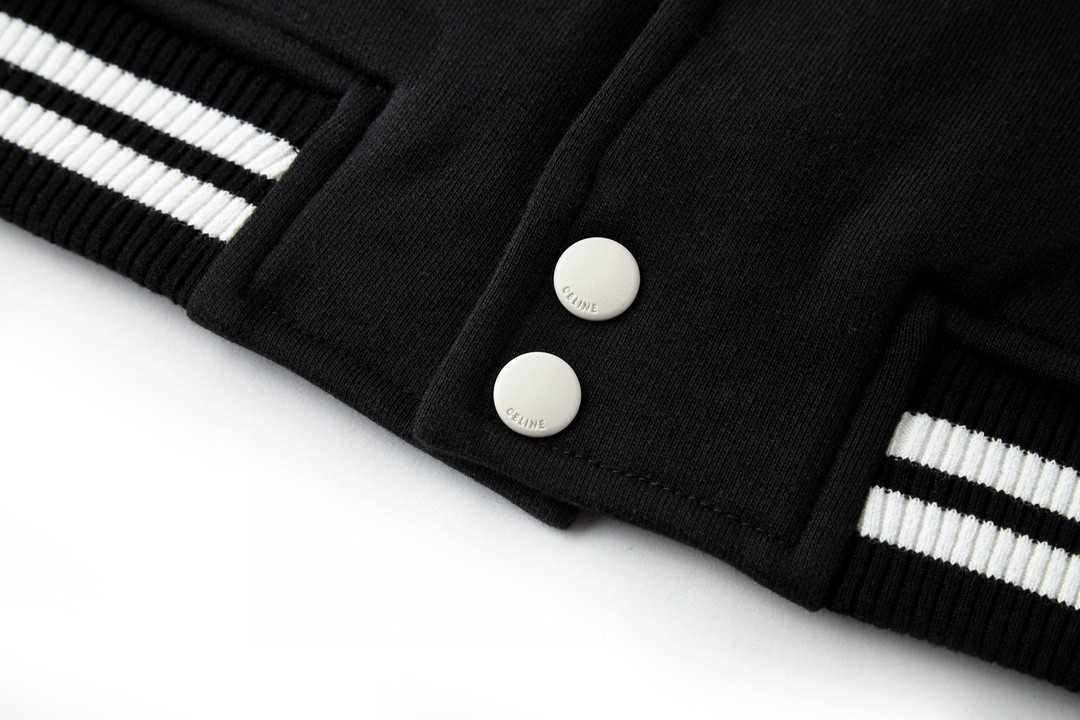 CELINE 赛琳 条纹边饰字母logo单排扣 长袖 夹克 棒球服 外套 秋冬款 黑色 