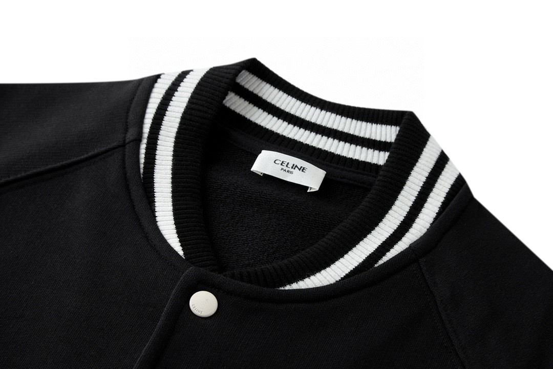 CELINE 赛琳 条纹边饰字母logo单排扣 长袖 夹克 棒球服 外套 秋冬款 黑色 