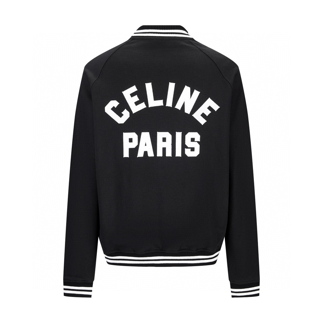 CELINE 赛琳 条纹边饰字母logo单排扣 长袖 夹克 棒球服 外套 秋冬款 黑色 