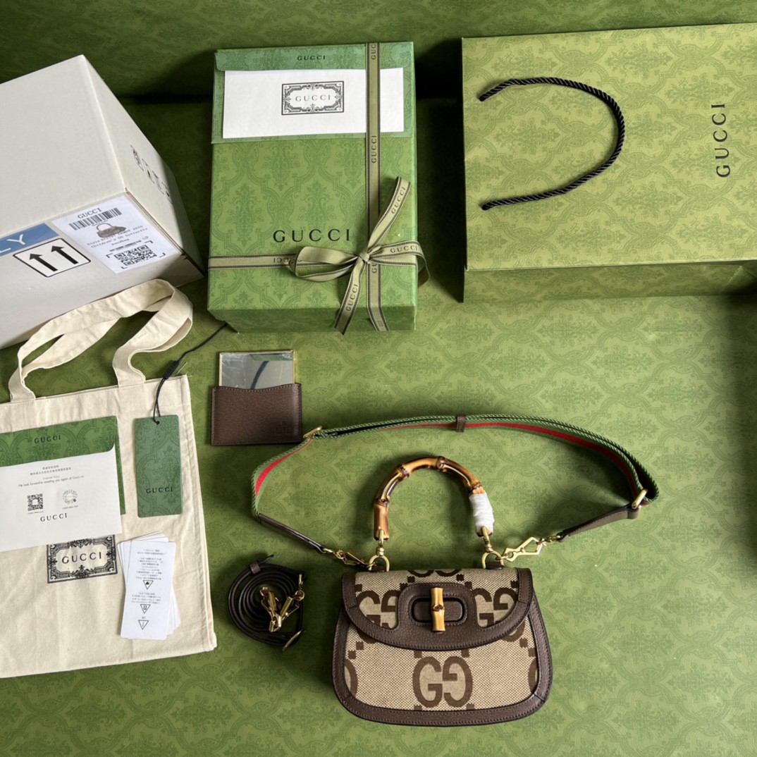 原厂皮 GUCCI 古驰 Bamboo 1947竹制手柄锁扣条纹皮革双肩带 单肩包 斜挎包 手提包 棕色 675797-UKMDT-2570