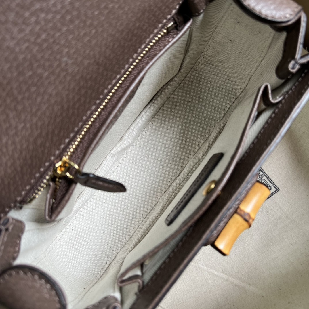 原厂皮 GUCCI 古驰 Bamboo 1947竹制手柄锁扣条纹皮革双肩带 单肩包 斜挎包 手提包 棕色 675797-UKMDT-2570