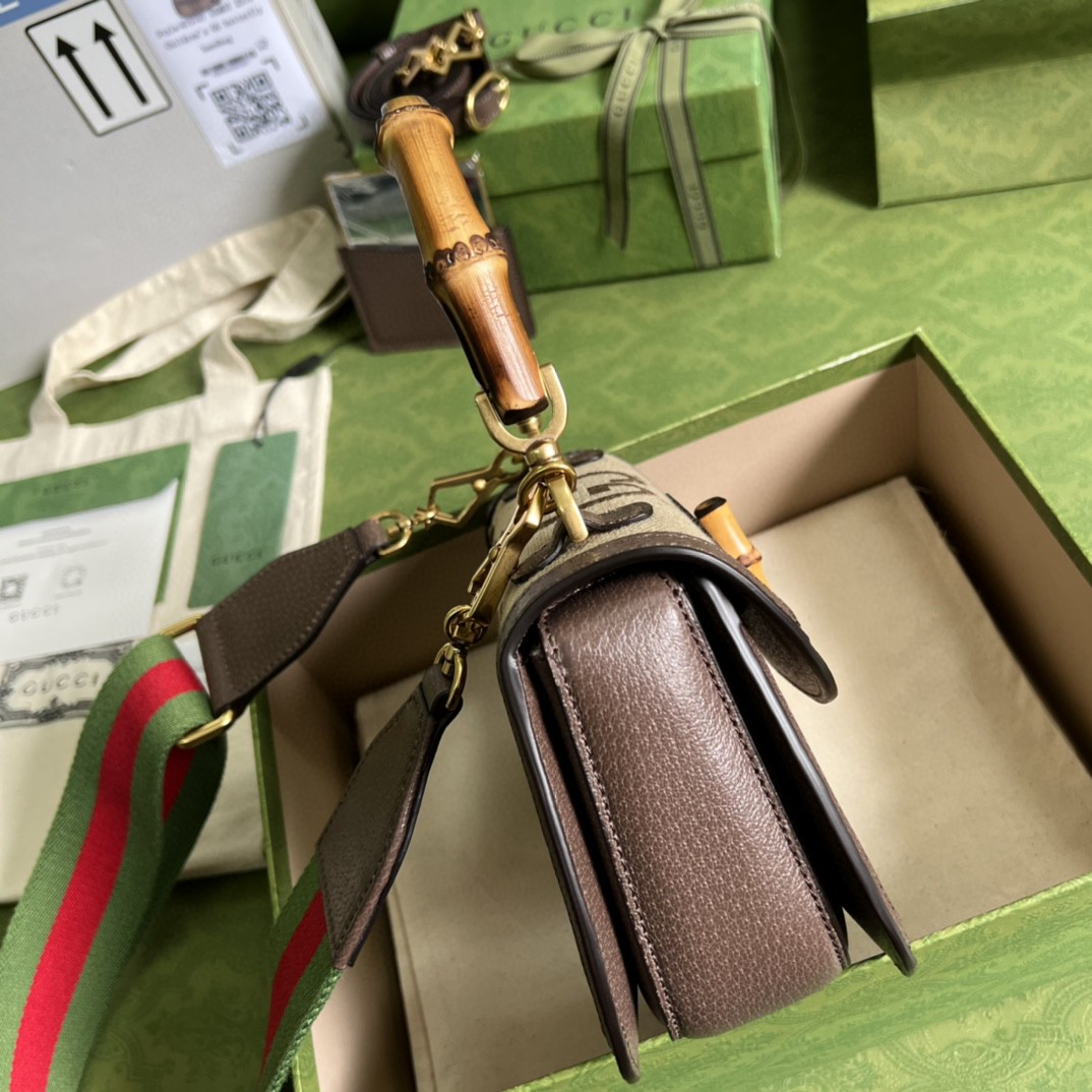 原厂皮 GUCCI 古驰 Bamboo 1947竹制手柄锁扣条纹皮革双肩带 单肩包 斜挎包 手提包 棕色 675797-UKMDT-2570