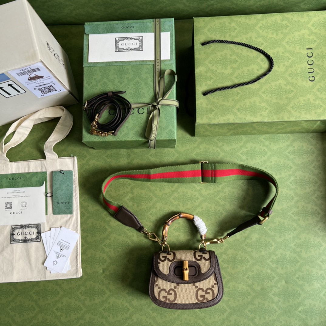 原厂皮 GUCCI 古驰 Bamboo 1947竹制手柄锁扣条纹皮革双肩带 单肩包 斜挎包 手提包 棕色 686864-UQLBT-2570