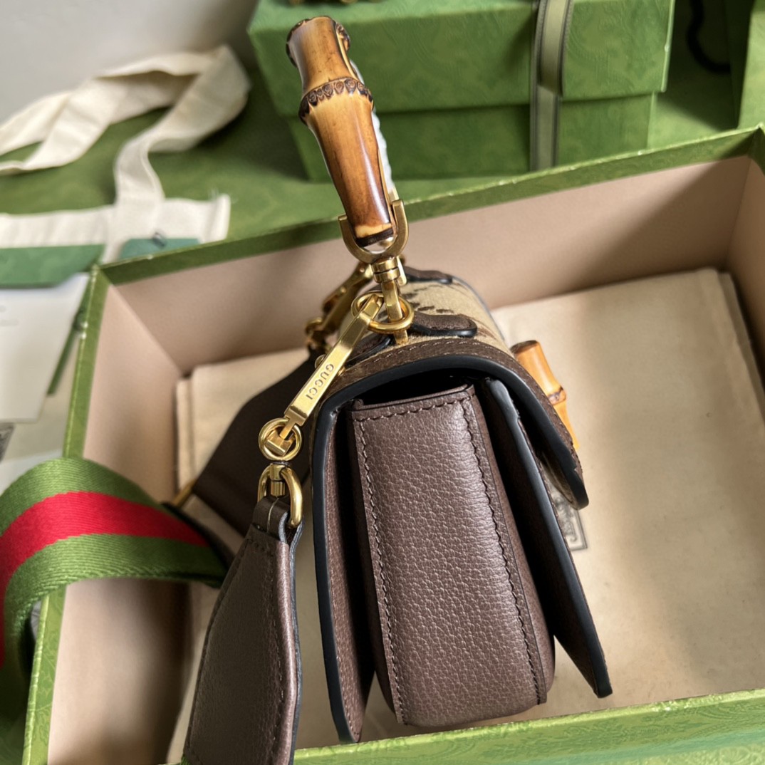 原厂皮 GUCCI 古驰 Bamboo 1947竹制手柄锁扣条纹皮革双肩带 单肩包 斜挎包 手提包 棕色 686864-UQLBT-2570