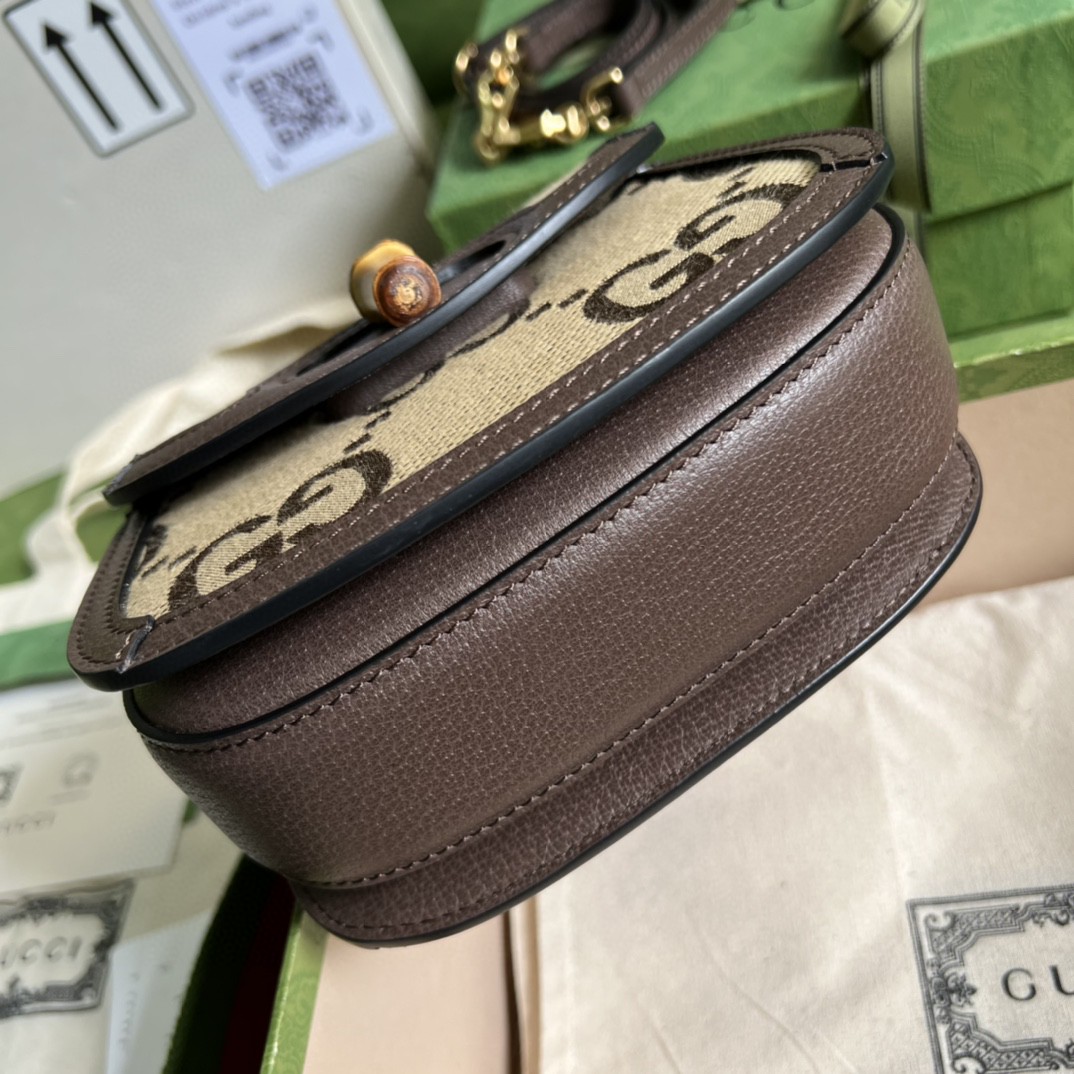 原厂皮 GUCCI 古驰 Bamboo 1947竹制手柄锁扣条纹皮革双肩带 单肩包 斜挎包 手提包 棕色 686864-UQLBT-2570