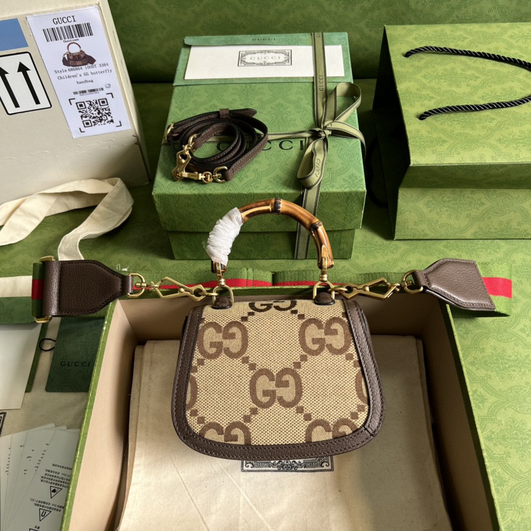 原厂皮 GUCCI 古驰 Bamboo 1947竹制手柄锁扣条纹皮革双肩带 单肩包 斜挎包 手提包 棕色 686864-UQLBT-2570