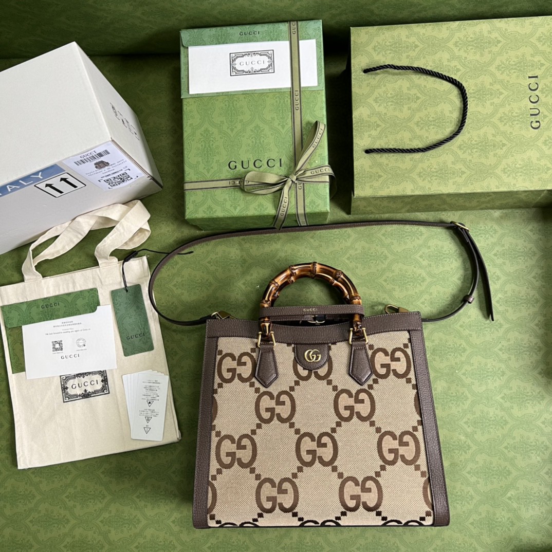 原厂皮 GUCCI 古驰 双G大老花Logo 帆布拼皮革竹节大号手提包 单肩包 斜挎包 棕色 655658