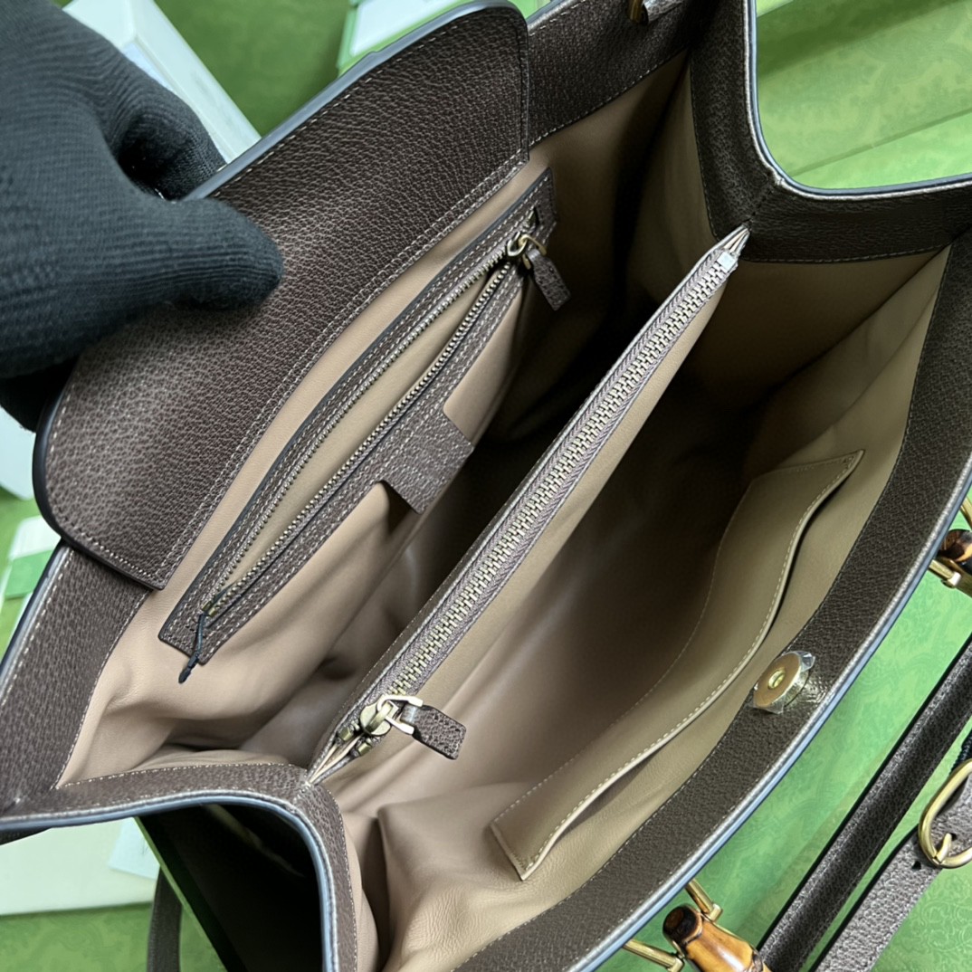 原厂皮 GUCCI 古驰 双G大老花Logo 帆布拼皮革竹节大号手提包 单肩包 斜挎包 棕色 655658