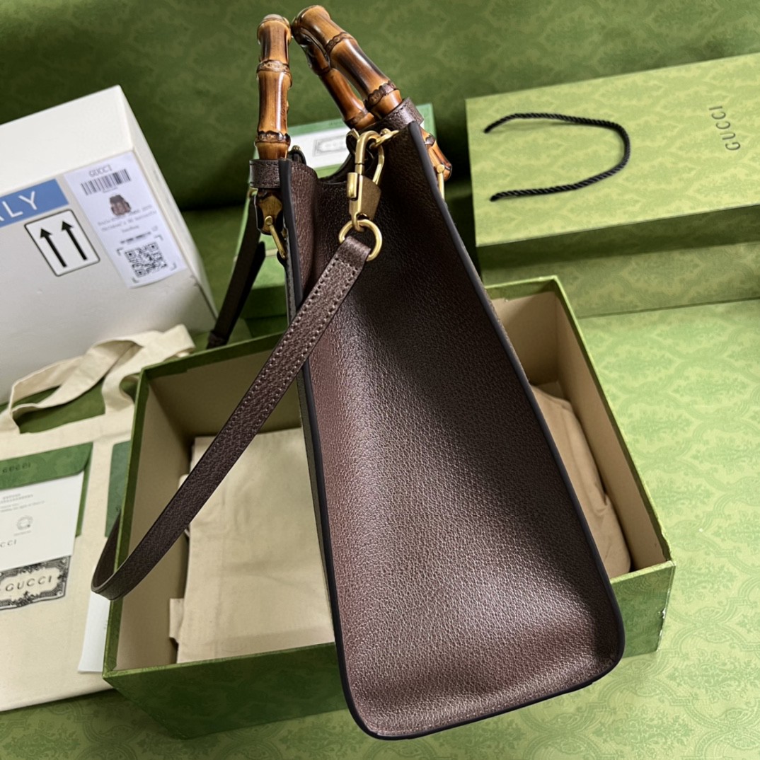 原厂皮 GUCCI 古驰 双G大老花Logo 帆布拼皮革竹节大号手提包 单肩包 斜挎包 棕色 655658