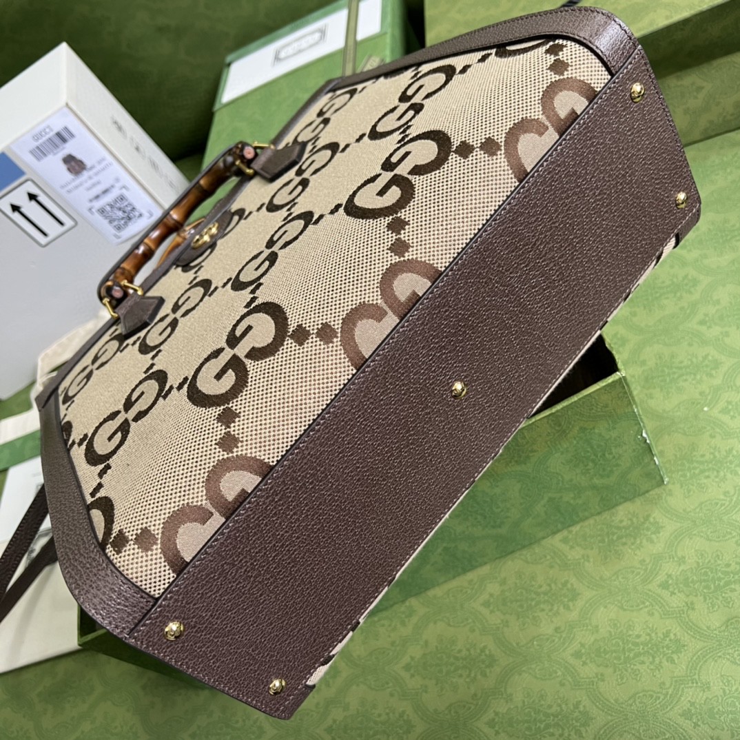 原厂皮 GUCCI 古驰 双G大老花Logo 帆布拼皮革竹节大号手提包 单肩包 斜挎包 棕色 655658