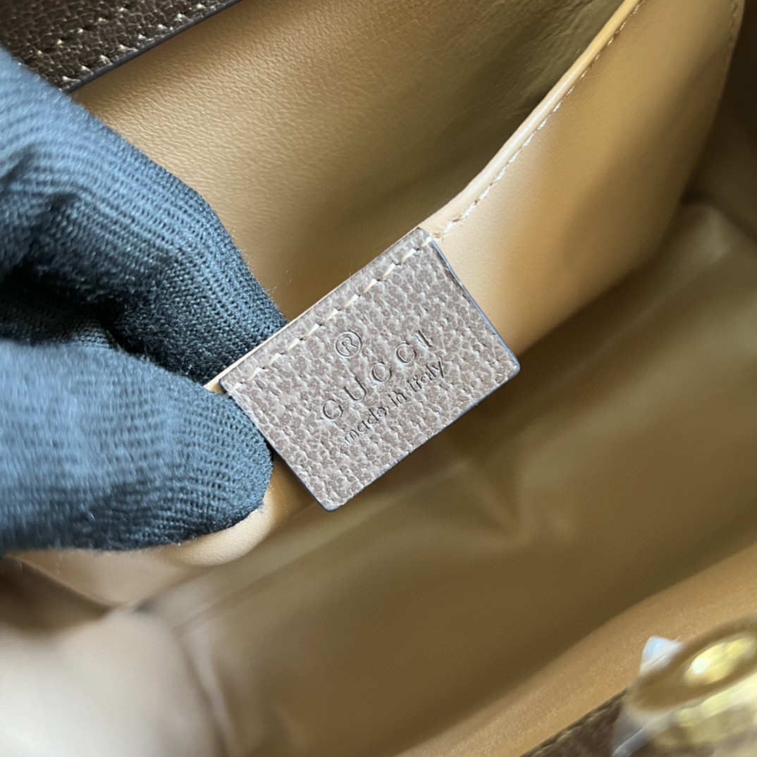 原厂皮 GUCCI 古驰 双G大老花Logo 帆布拼皮革竹节中号手提包 单肩包 斜挎包 棕色 660195