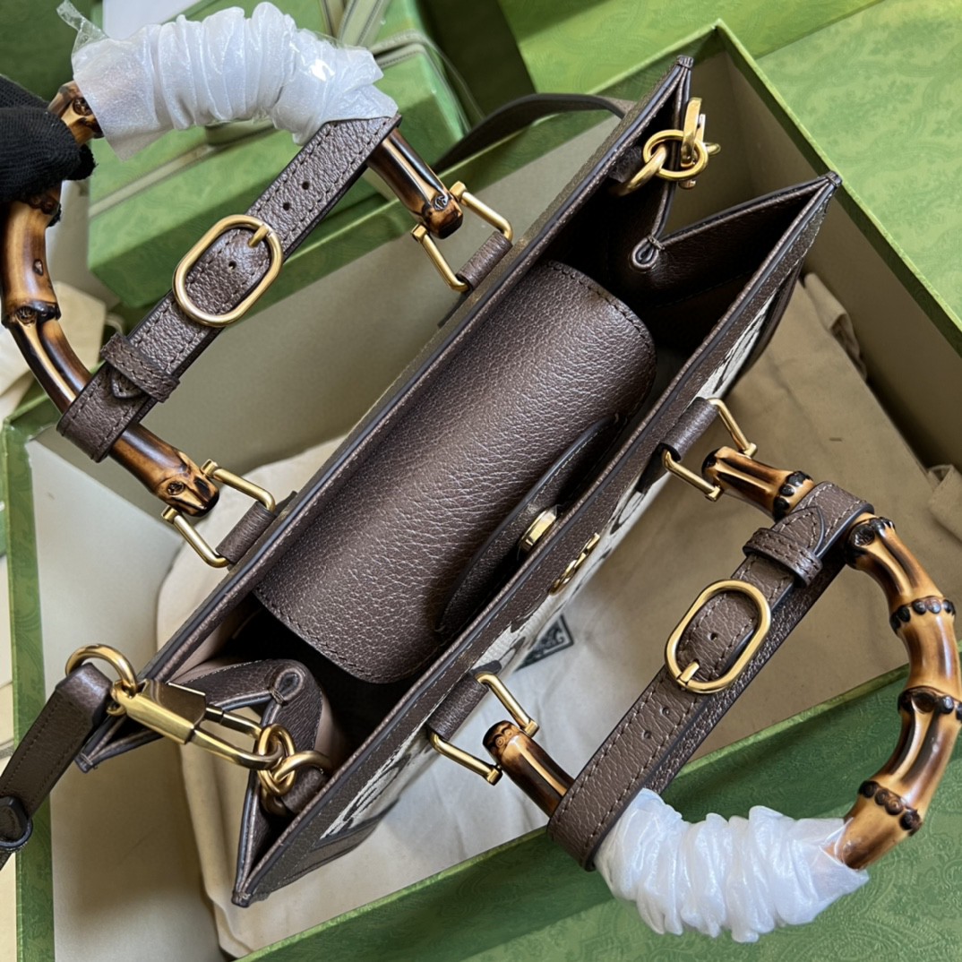 原厂皮 GUCCI 古驰 双G大老花Logo 帆布拼皮革竹节中号手提包 单肩包 斜挎包 棕色 660195