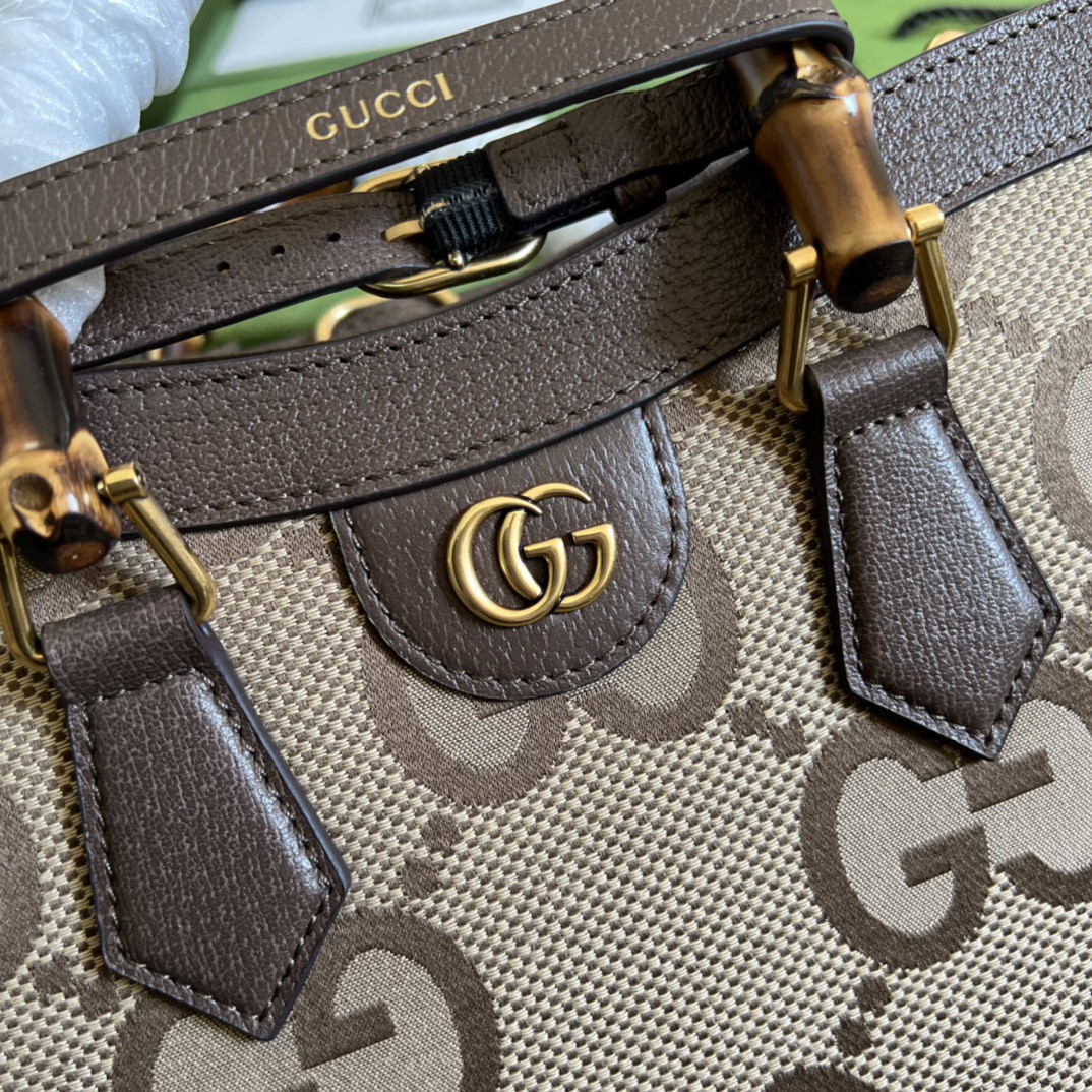 原厂皮 GUCCI 古驰 双G大老花Logo 帆布拼皮革竹节中号手提包 单肩包 斜挎包 棕色 660195