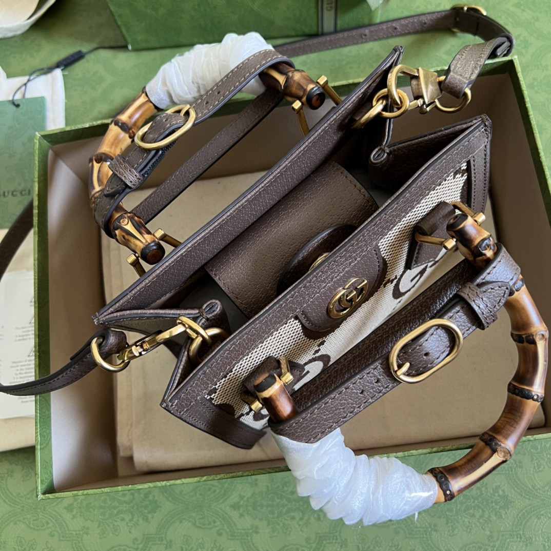 原厂皮 GUCCI 古驰 双G大老花Logo 帆布拼皮革竹节小号手提包 单肩包 斜挎包 棕色 655661-UKMBT-2572