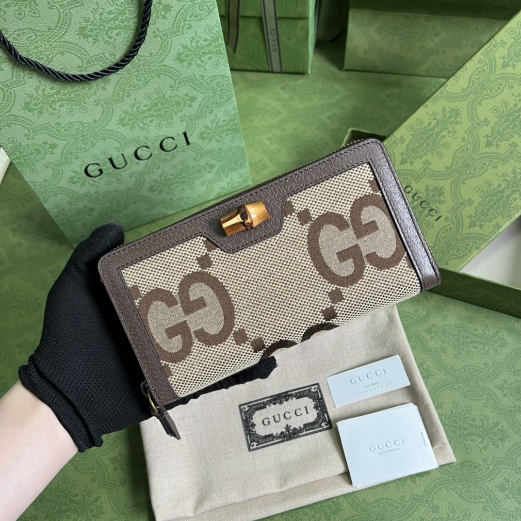 GUCCI 古驰 Diana 戴安娜竹节饰扣 Jumbo双G大老花Logo 长款帆布拼皮革 卡包 钱包 女款 棕色 658634-UKMBT-2572