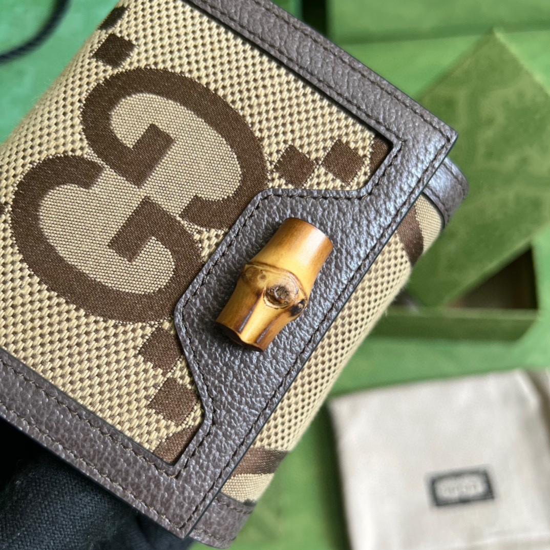 GUCCI 古驰 Diana 竹节戴安娜竹节饰扣 Jumbo双G大老花Logo 翻盖帆布拼皮革 卡包 钱包 女款 棕色 658635