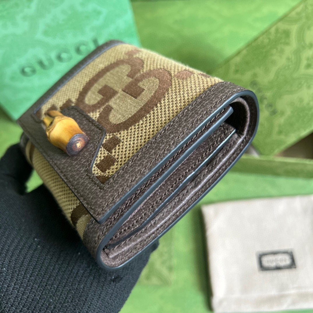 GUCCI 古驰 Diana 竹节戴安娜竹节饰扣 Jumbo双G大老花Logo 翻盖帆布拼皮革 卡包 钱包 女款 棕色 658635
