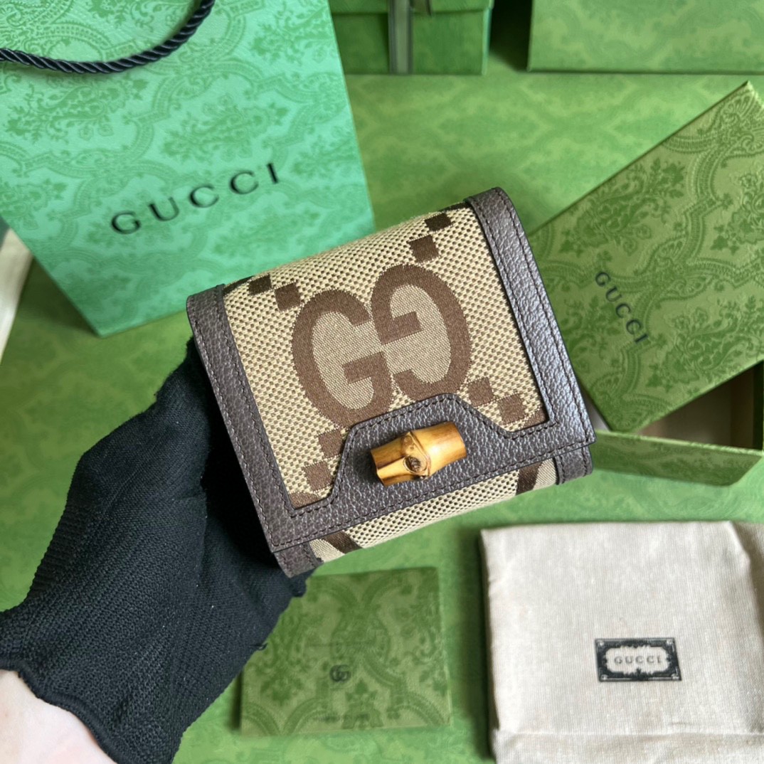 GUCCI 古驰 Diana 竹节戴安娜竹节饰扣 Jumbo双G大老花Logo 翻盖帆布拼皮革 卡包 钱包 女款 棕色 658635