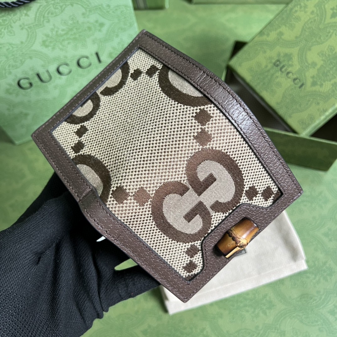 GUCCI 古驰 Diana 竹节戴安娜竹节饰扣 Jumbo双G大老花Logo 翻盖帆布拼皮革 卡包 钱包 女款 棕色 658244-UKMBT-2572