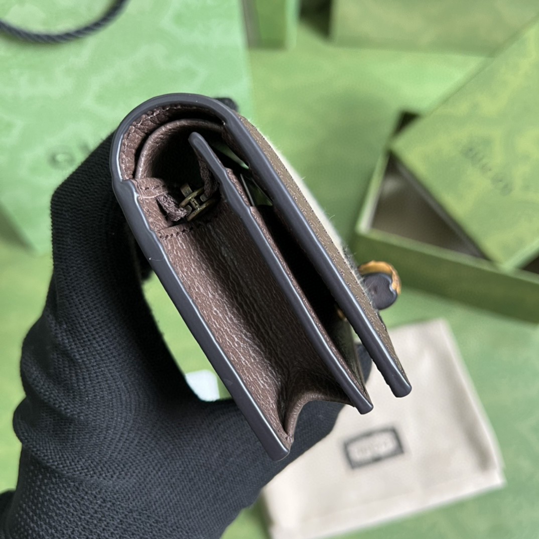 GUCCI 古驰 Diana 竹节戴安娜竹节饰扣 Jumbo双G大老花Logo 翻盖帆布拼皮革 卡包 钱包 女款 棕色 658244-UKMBT-2572