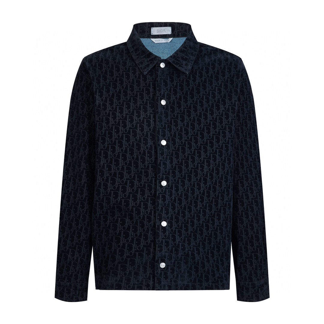 DIOR 迪奥 植绒满印老花翻领牛仔衬衫 牛仔衣 长袖 秋冬款 蓝色 