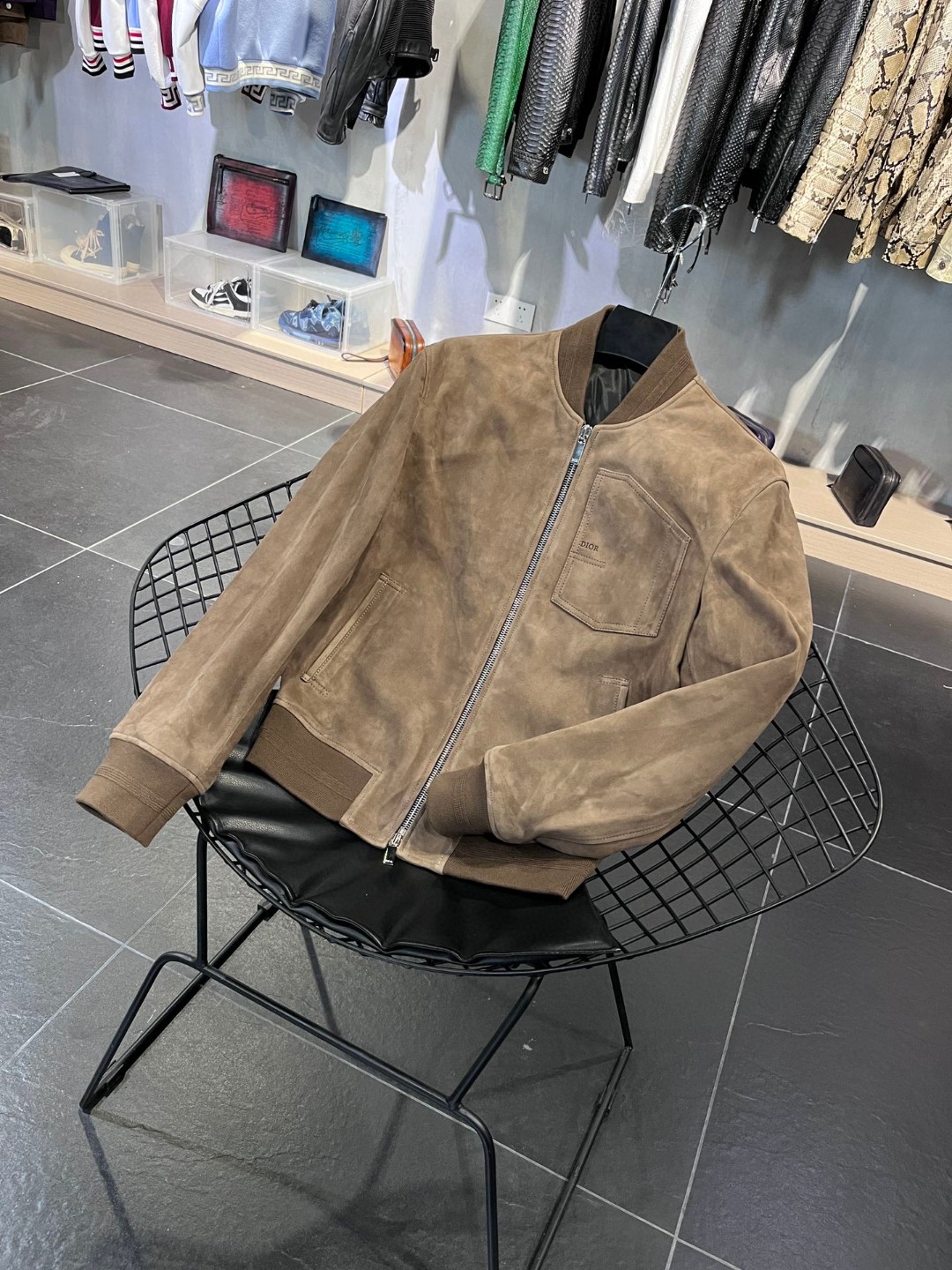 高定系列 Dior 迪奥 拼色皮面夹克 棒球服 外套 长袖 保暖 卡其色