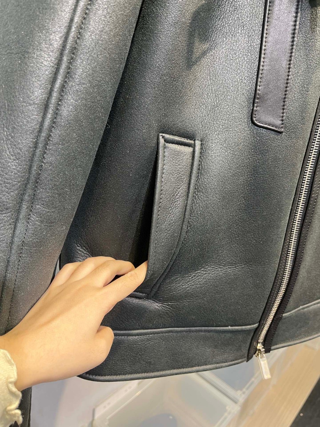 高定系列 Dior 迪奥 摇粒绒拼皮面拉链夹克 外套 长袖 保暖 黑灰色