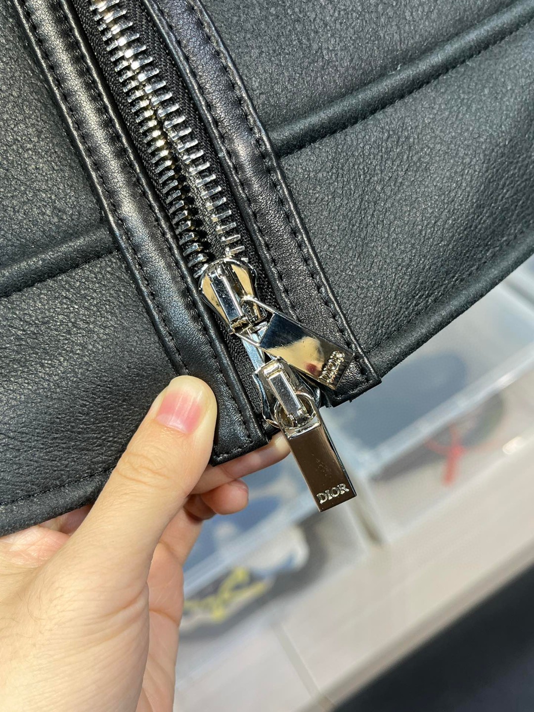 高定系列 Dior 迪奥 摇粒绒拼皮面拉链夹克 外套 长袖 保暖 黑灰色