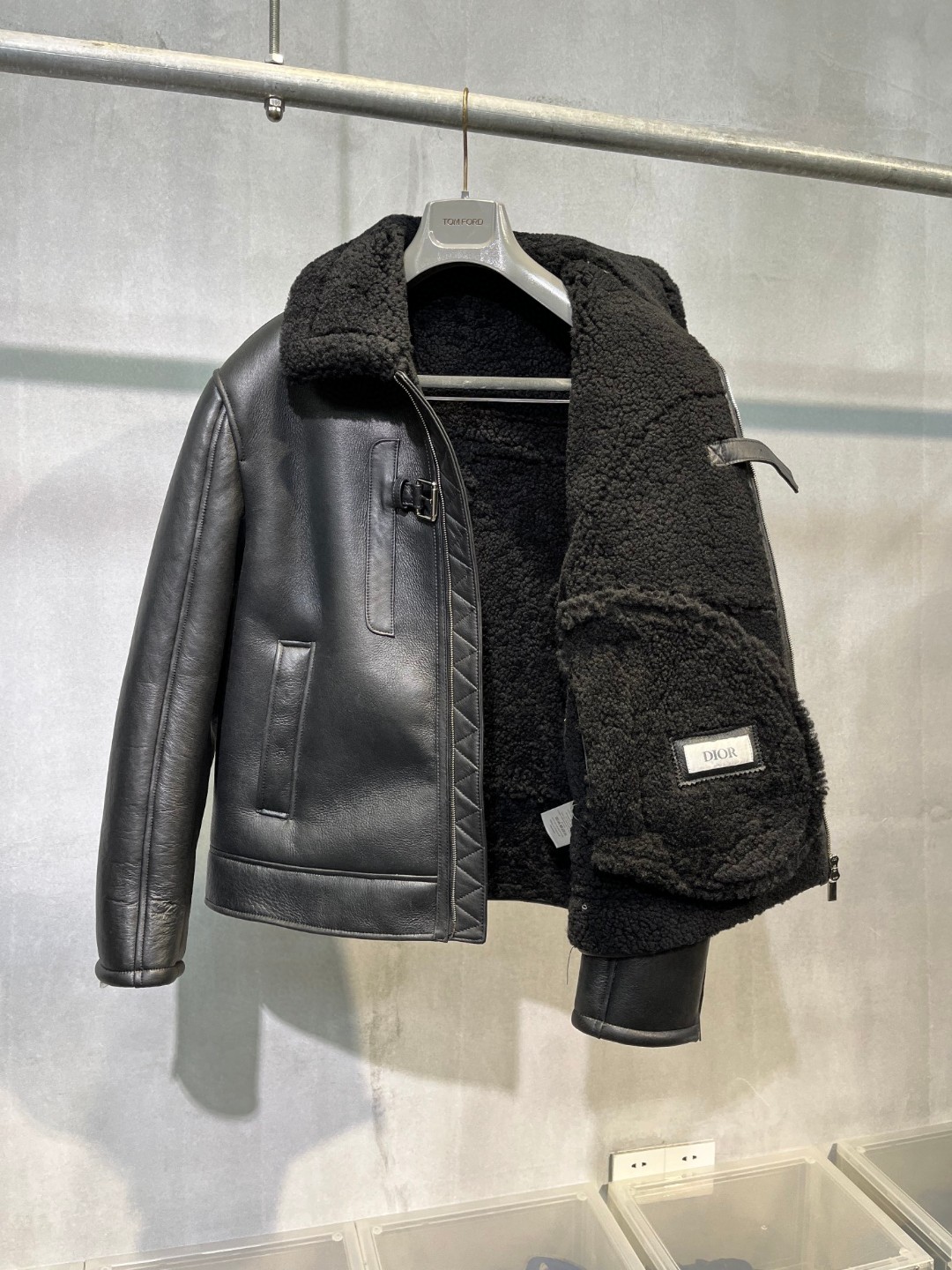 高定系列 Dior 迪奥 摇粒绒拼皮面拉链夹克 外套 长袖 保暖 黑色