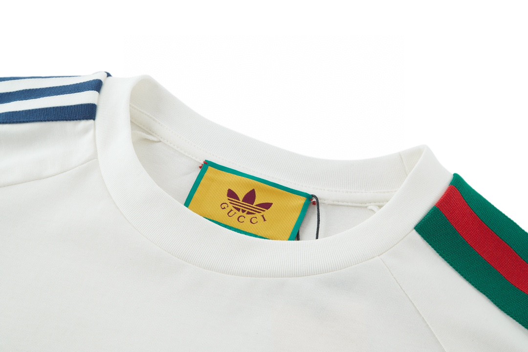 GUCCI 古驰 adidas originals 联名款 SS22 撞色三条纹罗缎印花短袖 T恤 圆领 套头 夏季 白色 692114-XJEK5-9280