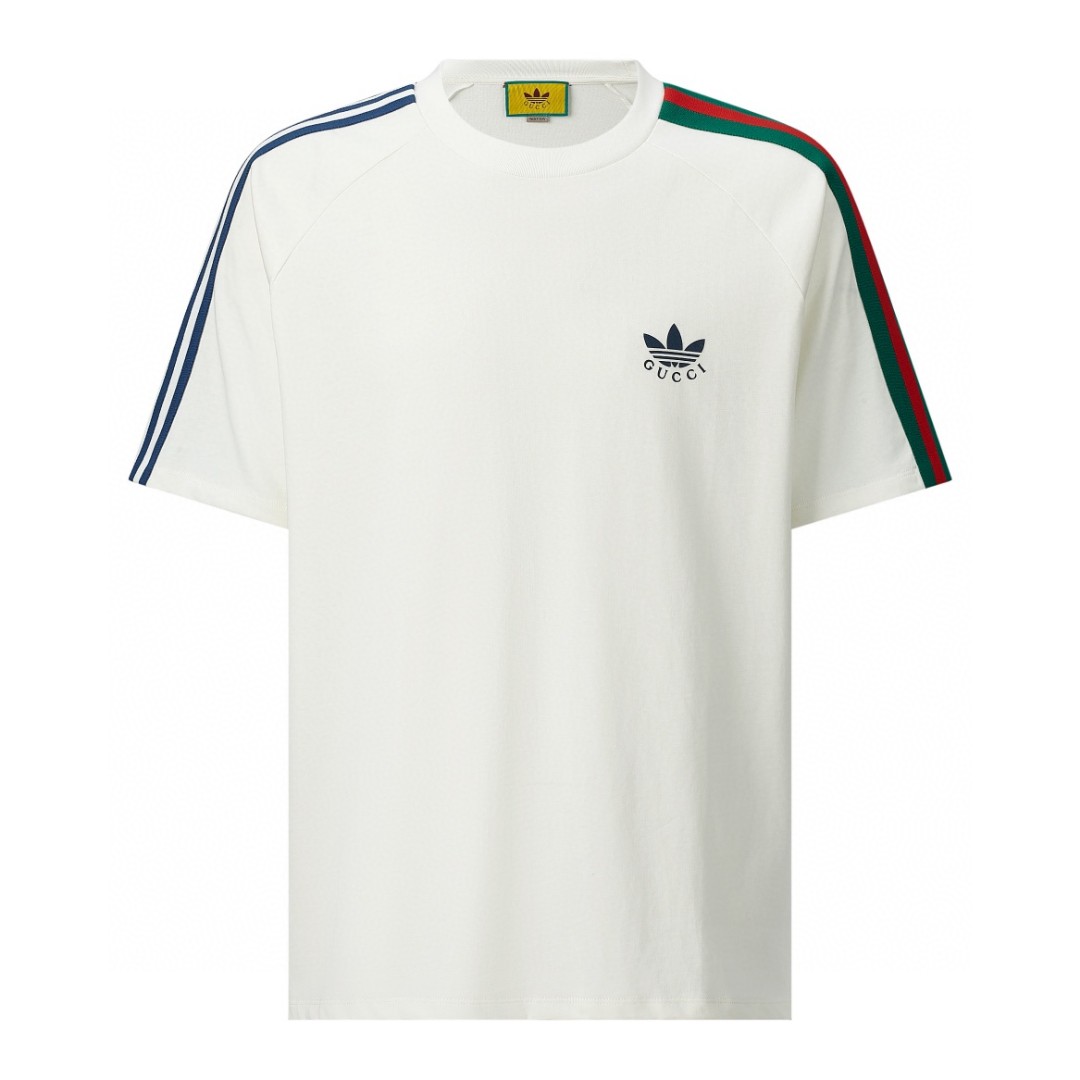 GUCCI 古驰 adidas originals 联名款 SS22 撞色三条纹罗缎印花短袖 T恤 圆领 套头 夏季 白色 692114-XJEK5-9280