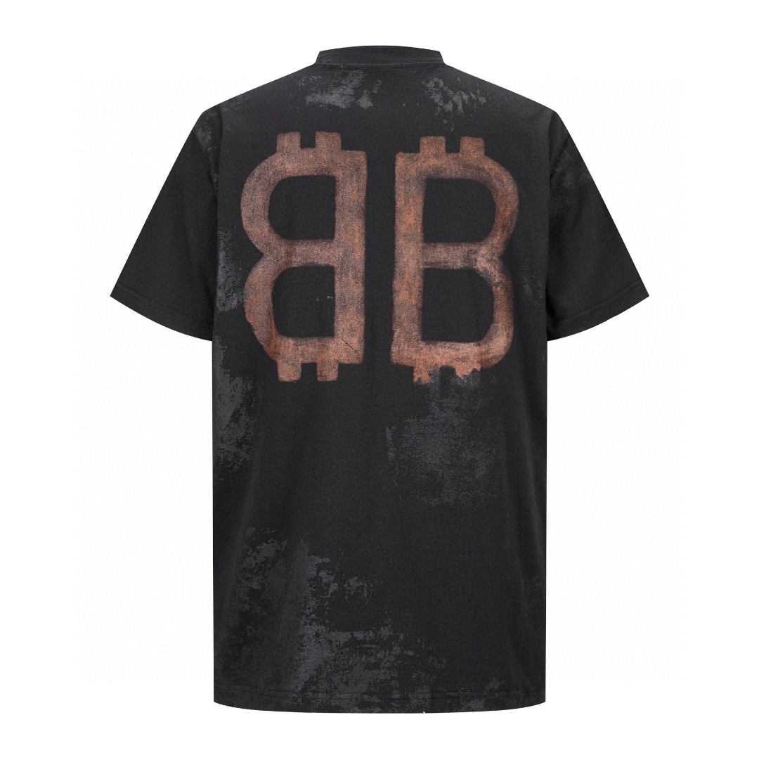 Balenciaga 巴黎世家 双B泥染字母Logo印花 圆领 短袖 T恤 夏季 黑色 739028TOVN81055