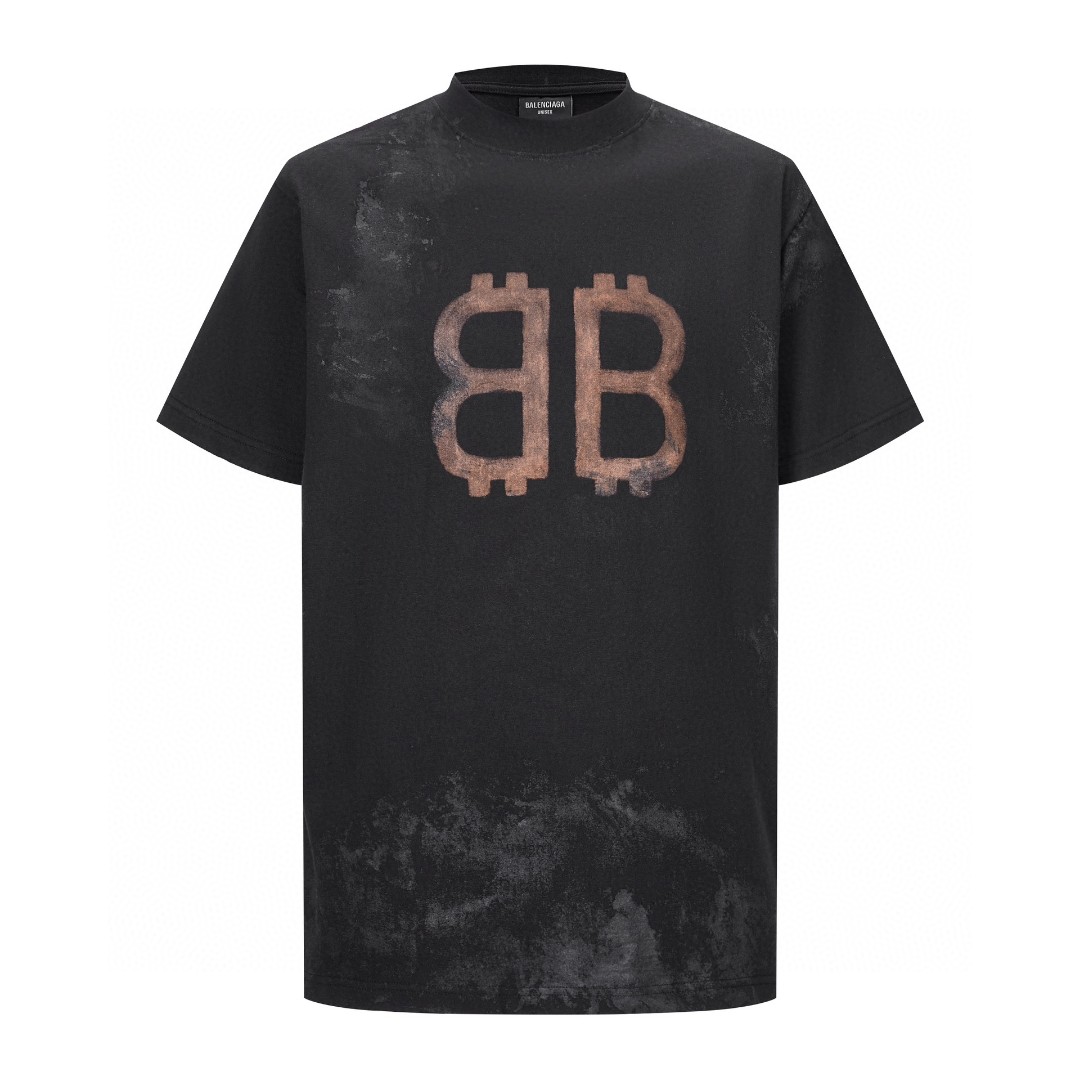 Balenciaga 巴黎世家 双B泥染字母Logo印花 圆领 短袖 T恤 夏季 黑色 739028TOVN81055