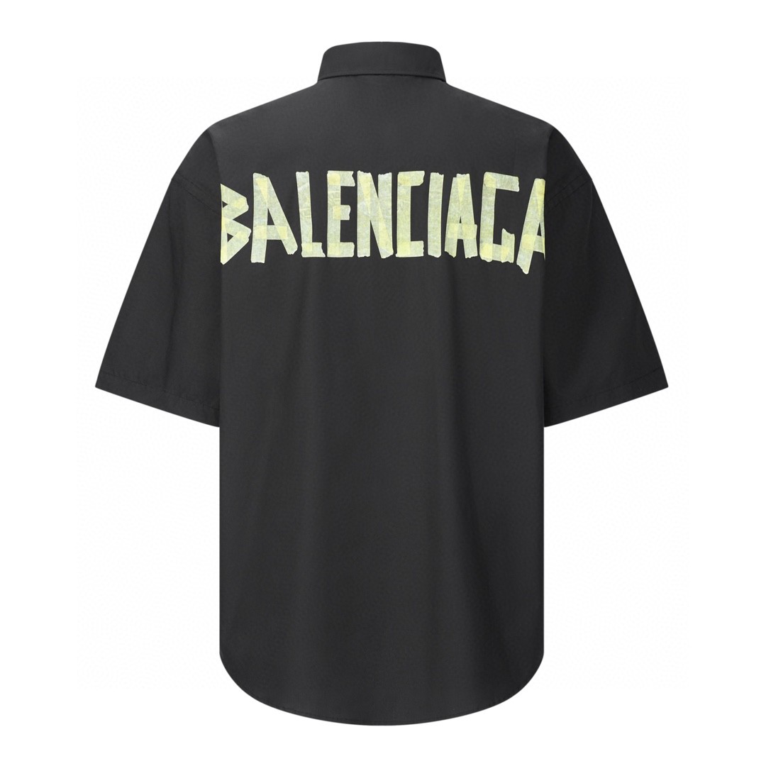 Balenciaga 巴黎世家 黄胶带 后背字母logo印花 衬衫 短袖 夏季 黑色 738761TNM601000