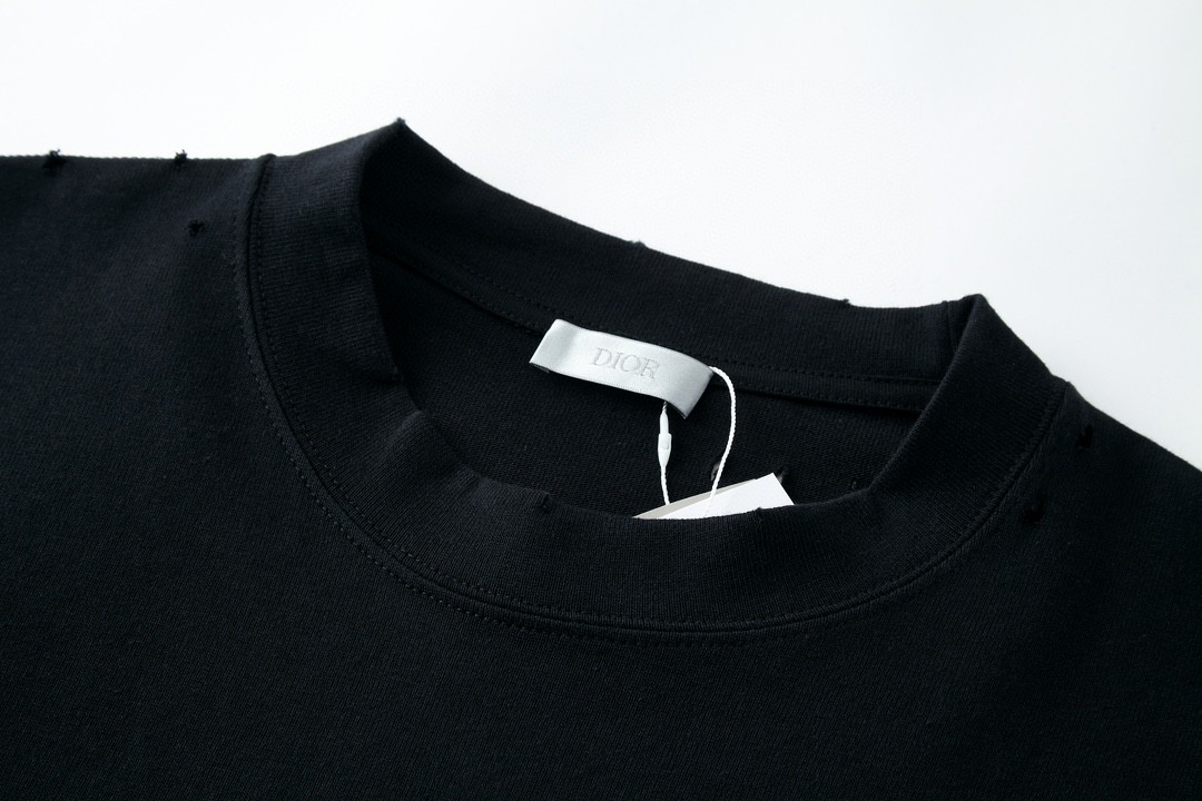 DIOR 迪奥 FW23 Logo字母印花破洞纯色 圆领 T恤 短袖 夏季 男女同款 黑色 343J636A0849-C088