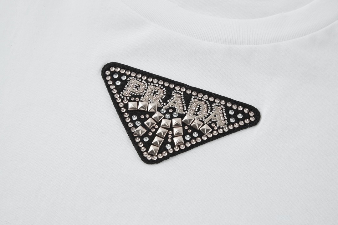 PRADA 普拉达 假日系列 纯色徽标烫钻 圆领 短袖 T恤 白色 3572AR-12GW-F0009-S-212