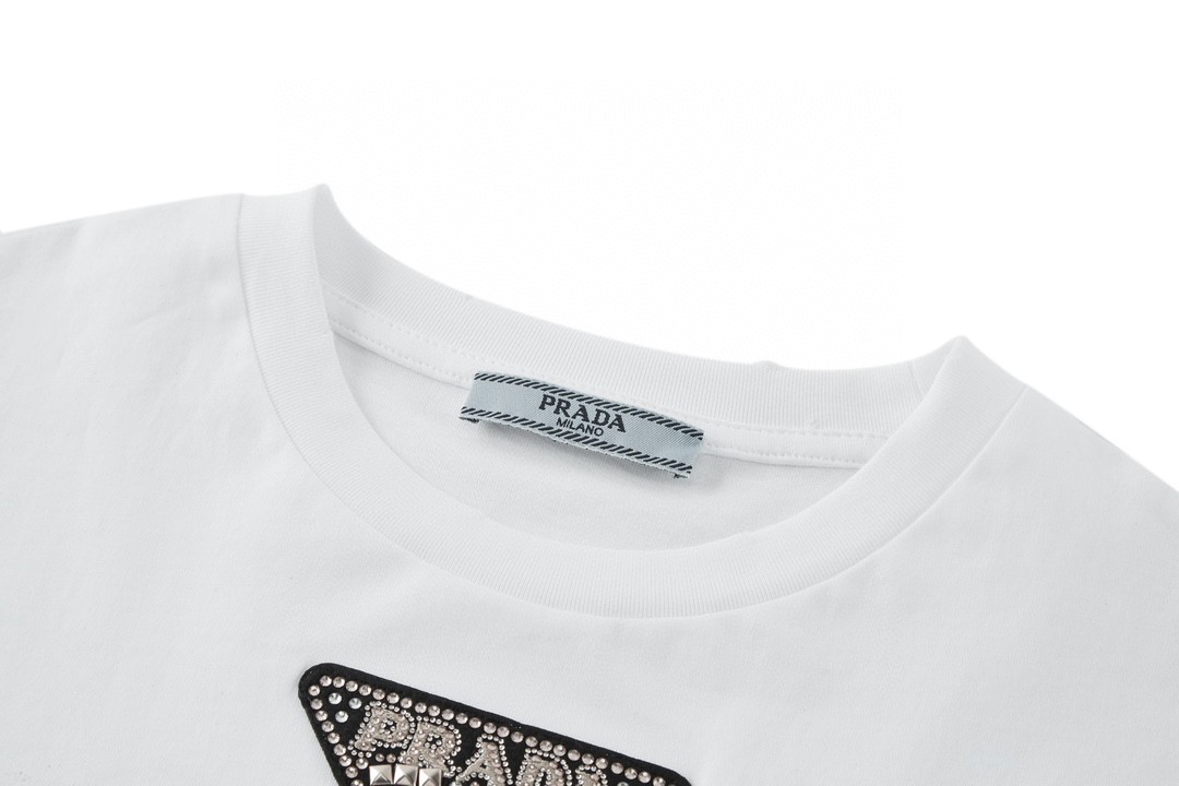 PRADA 普拉达 假日系列 纯色徽标烫钻 圆领 短袖 T恤 白色 3572AR-12GW-F0009-S-212