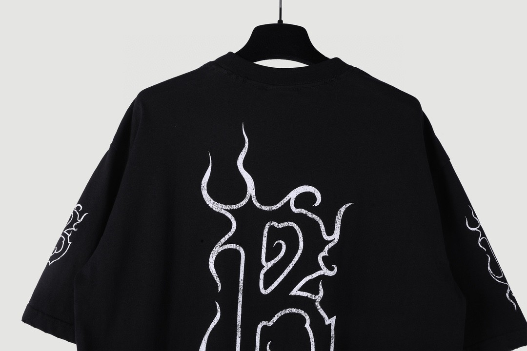 Balenciaga 巴黎世家 火焰字母Logo印花 圆领 短袖 T恤 夏季 黑色 739028TPVN51070