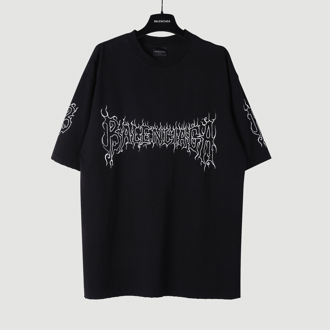 Balenciaga 巴黎世家 火焰字母Logo印花 圆领 短袖 T恤 夏季 黑色 739028TPVN51070