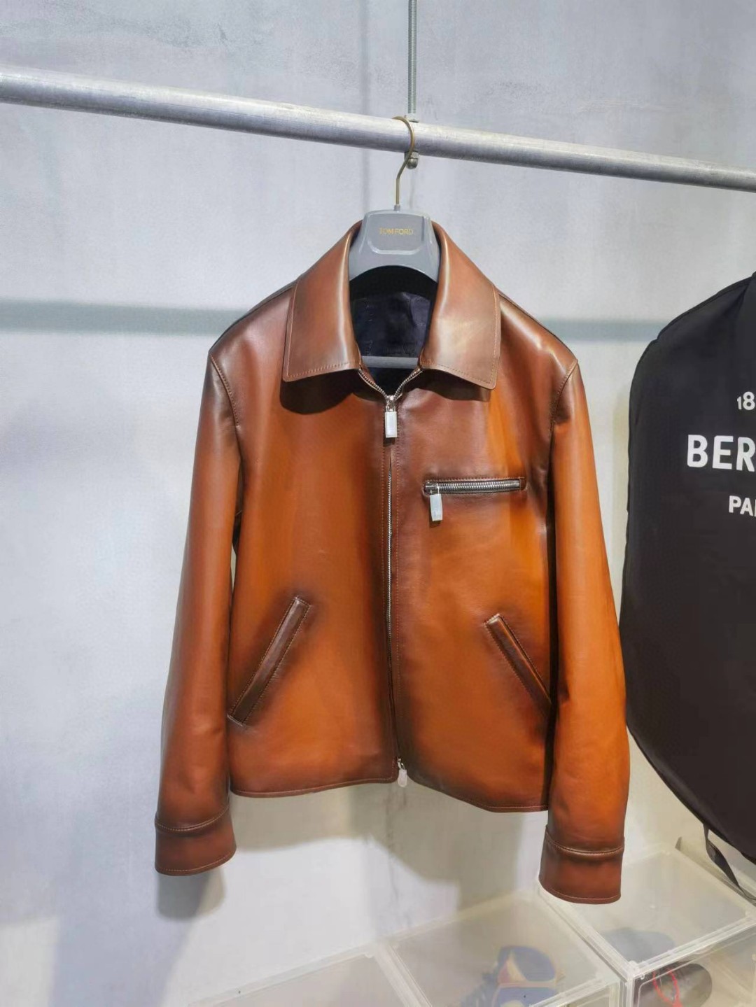 高定系列 Berluti 羊皮拉链夹克 皮衣 外套 长袖 棕色