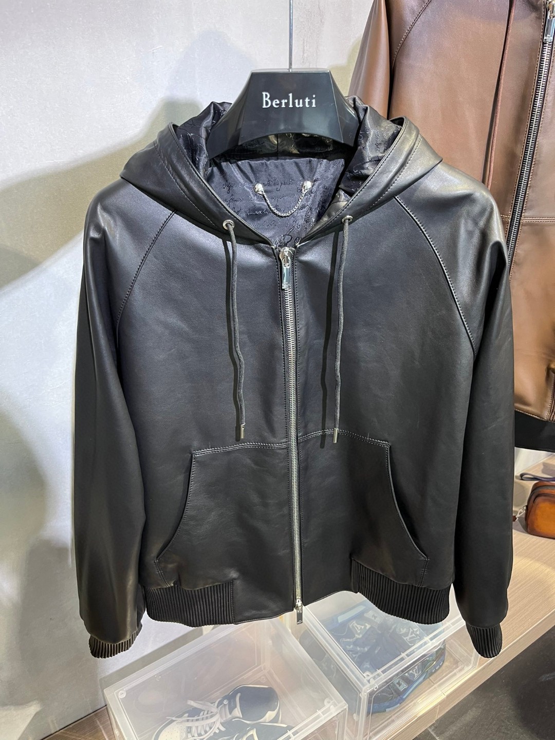 高定系列 Berluti 羊皮连帽夹克 皮衣 外套 长袖 黑色