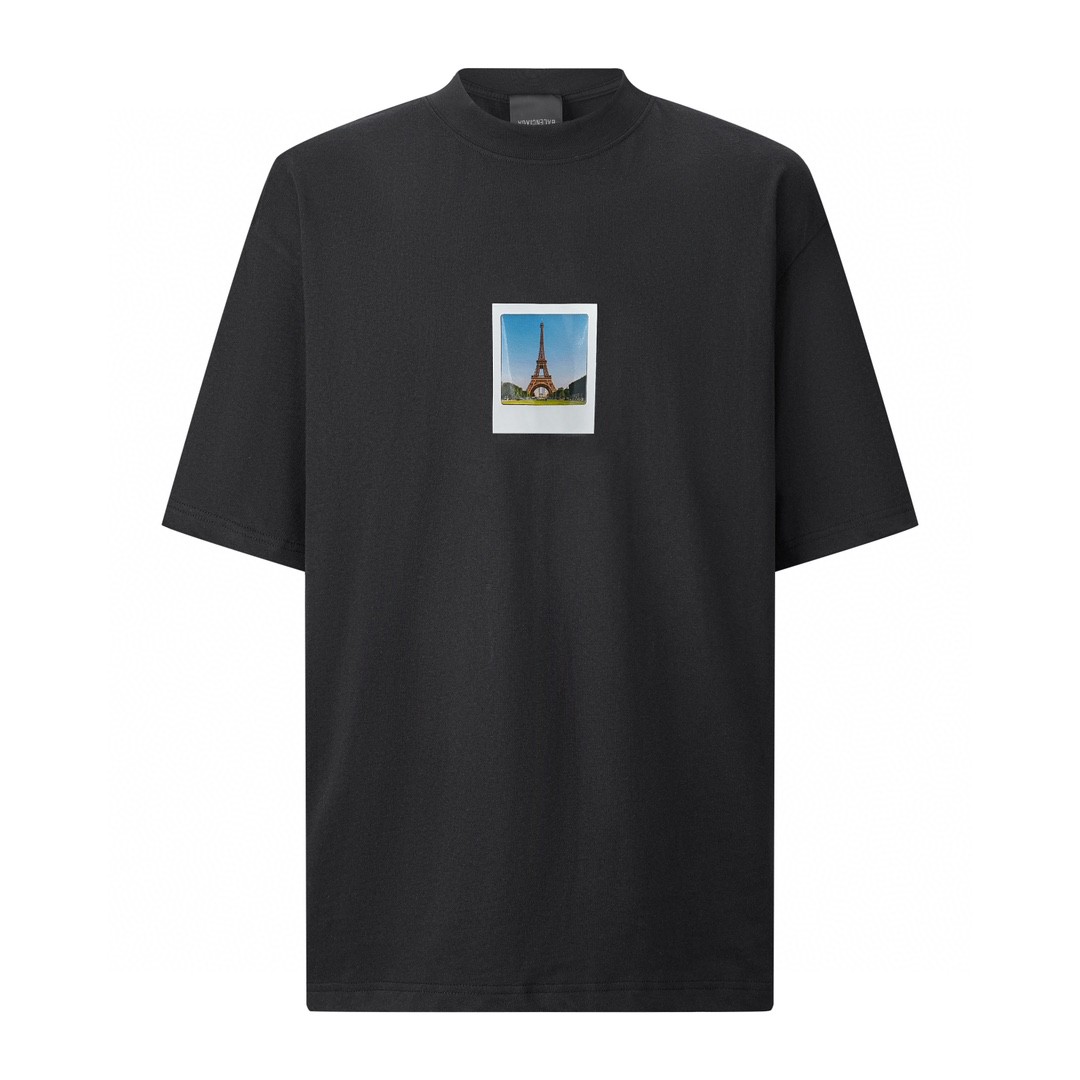 Balenciaga 巴黎世家 拍立得巴黎铁塔图案印花 圆领 短袖 T恤 夏季 黑色 744439TOVC51055