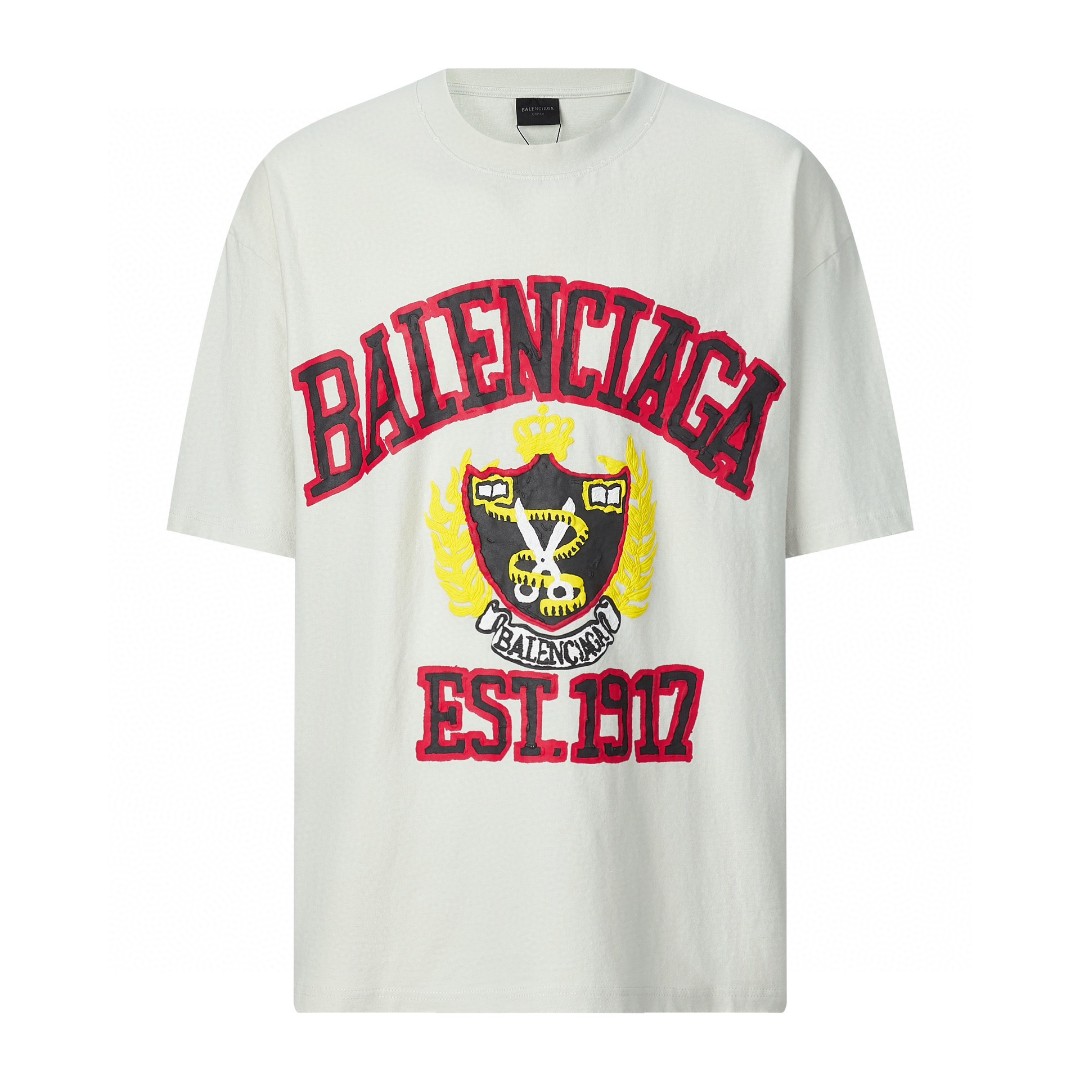 Balenciaga 巴黎世家 剪刀图案字母logo印花 圆领 短袖 T恤 夏季 米白色 739784TOVK19012