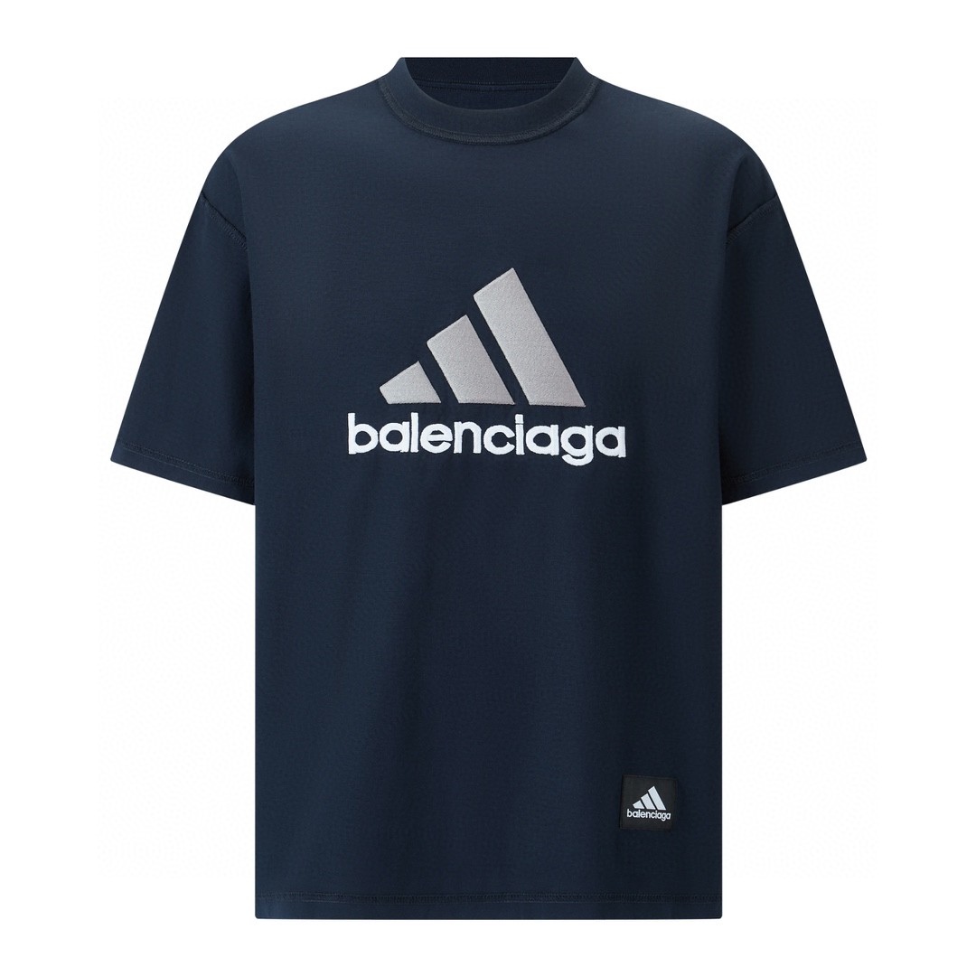 Balenciaga 巴黎世家 adidas 联名款 刺绣字母Logo 圆领 短袖 T恤 夏季 深蓝色 731769TNVA64356