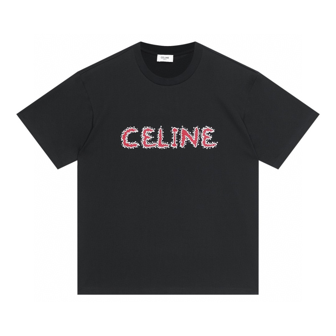 CELINE 赛琳 水钻字母logo 短袖 T恤 圆领 夏款 黑色 2X49F671Q-38BR
