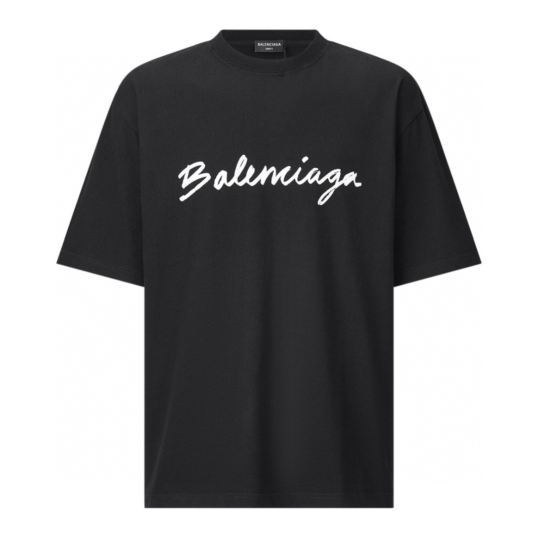 Balenciaga 巴黎世家 草写字母Logo 短袖 T恤 圆领 短款 夏季 黑色