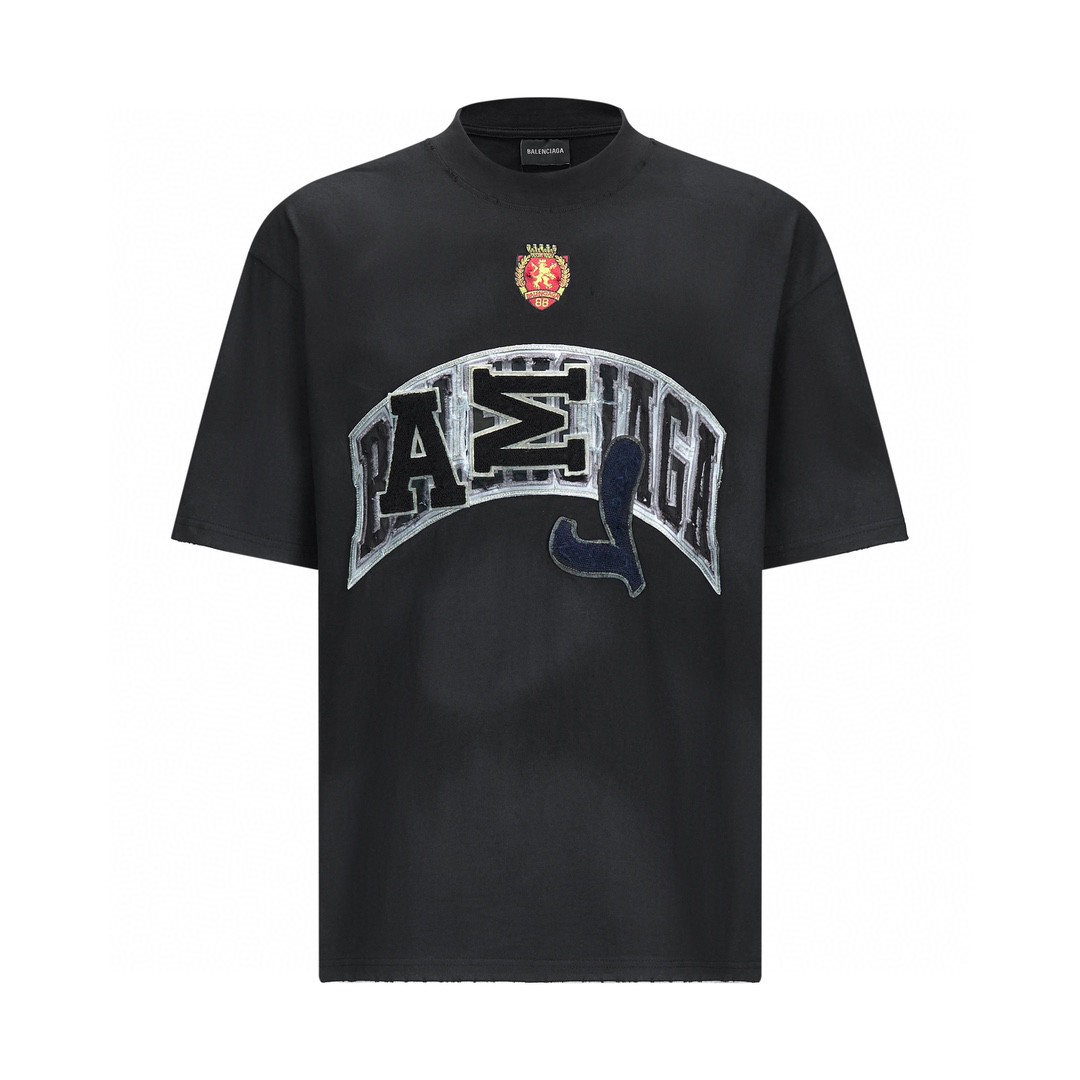 Balenciaga 巴黎世家 曼联做旧刺绣徽章 短袖 T恤 圆领 夏季 黑色 739028TOVN21055
