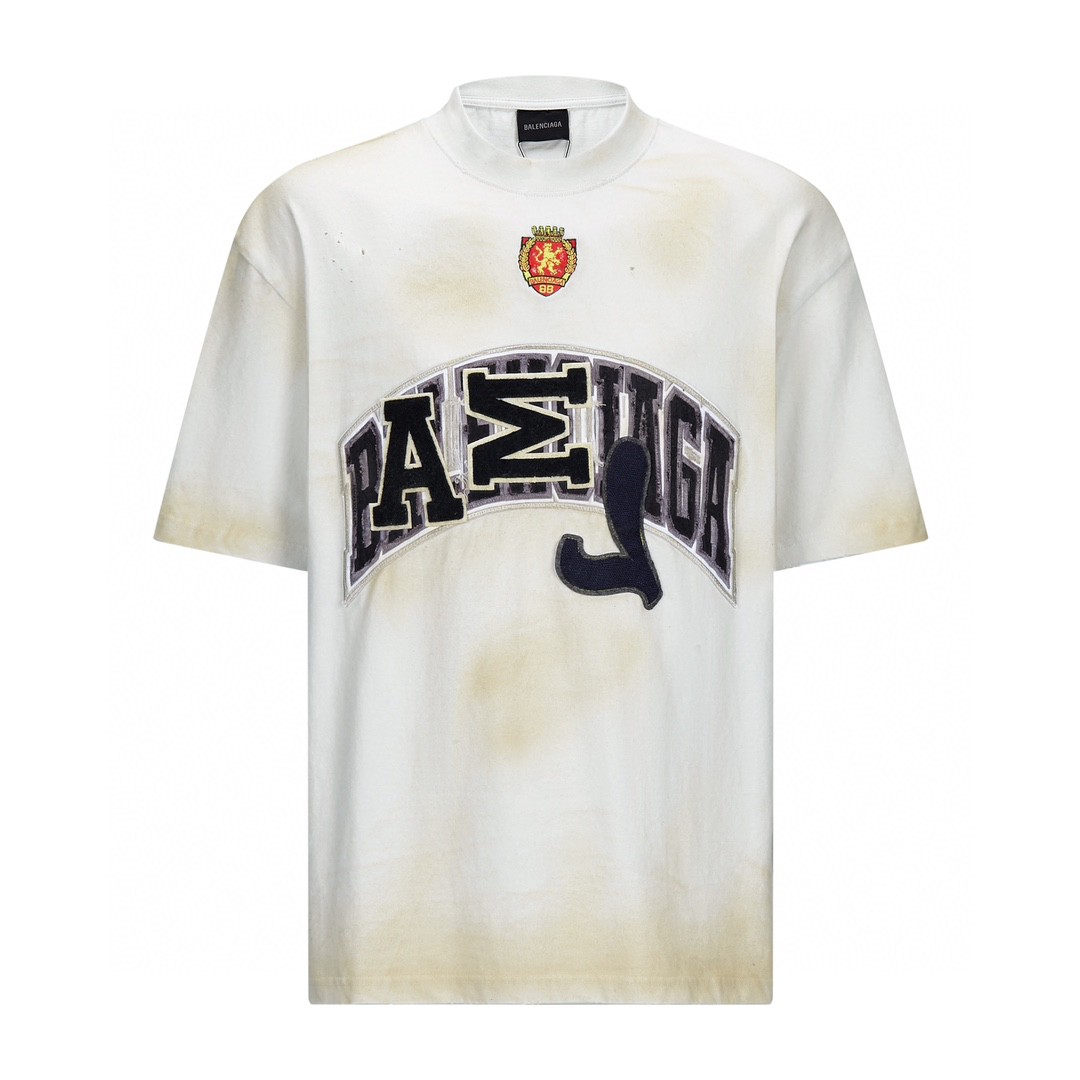 Balenciaga 巴黎世家 曼联做旧刺绣徽章 短袖 T恤 圆领 夏季 米色 739028TOVN29012