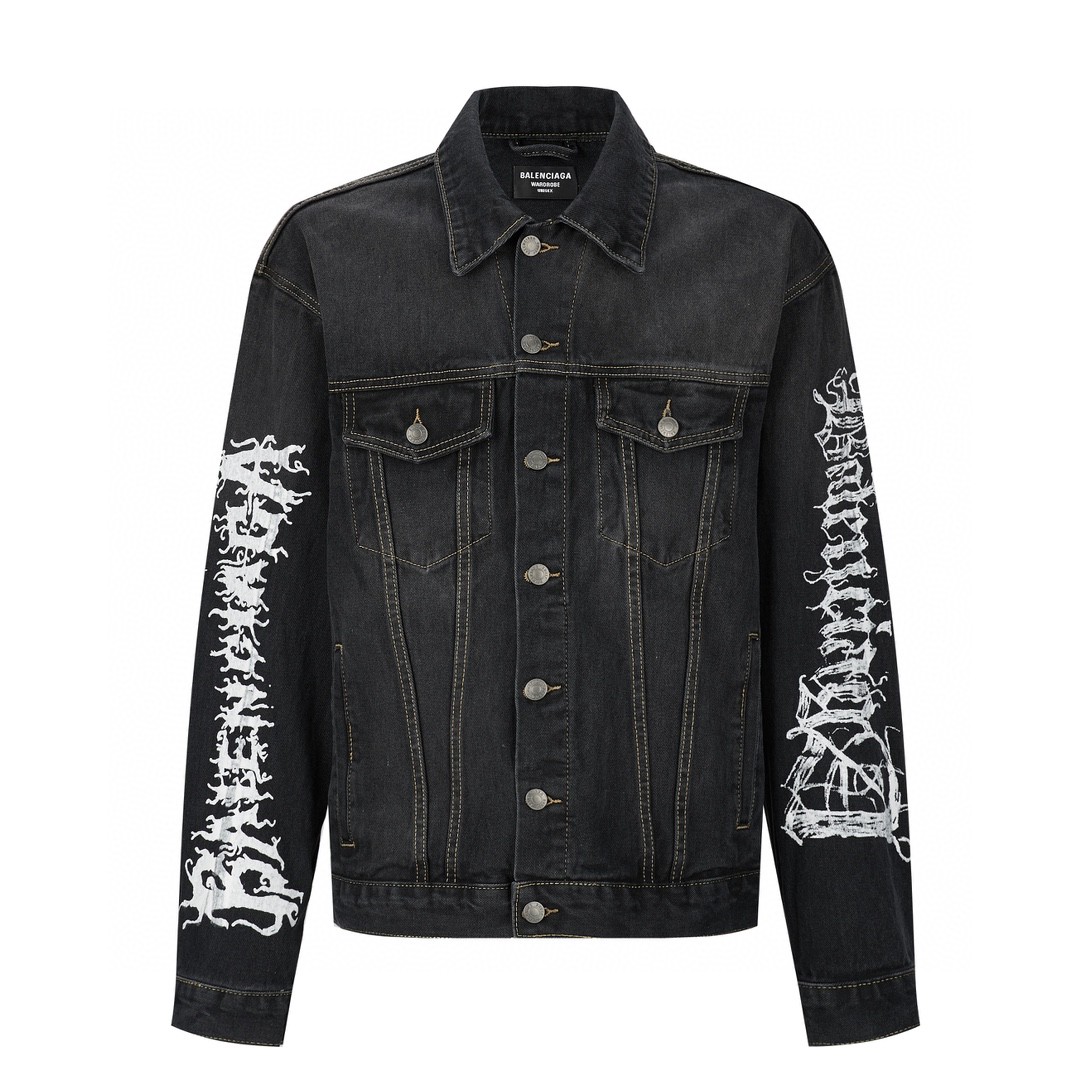 Balenciaga 巴黎世家 SS24 New Year 新年系列 涂鸦印花长袖夹克 牛仔外套 牛仔衣 秋冬 水洗灰 773804TBP473721