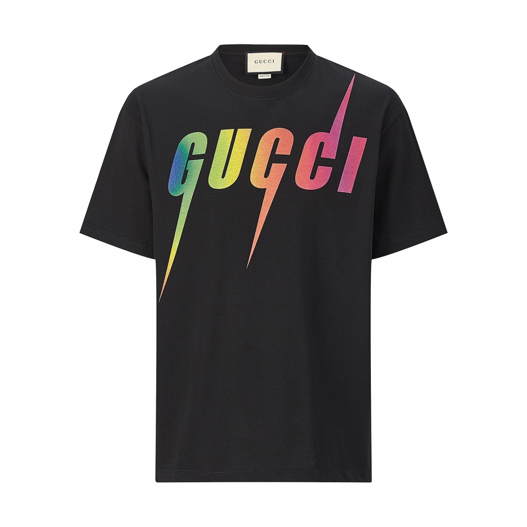 GUCCI 古驰 渐变彩虹字母logo闪电印花 短袖 T恤 圆领 套头 夏季 黑色 616036-XJFF9-1152